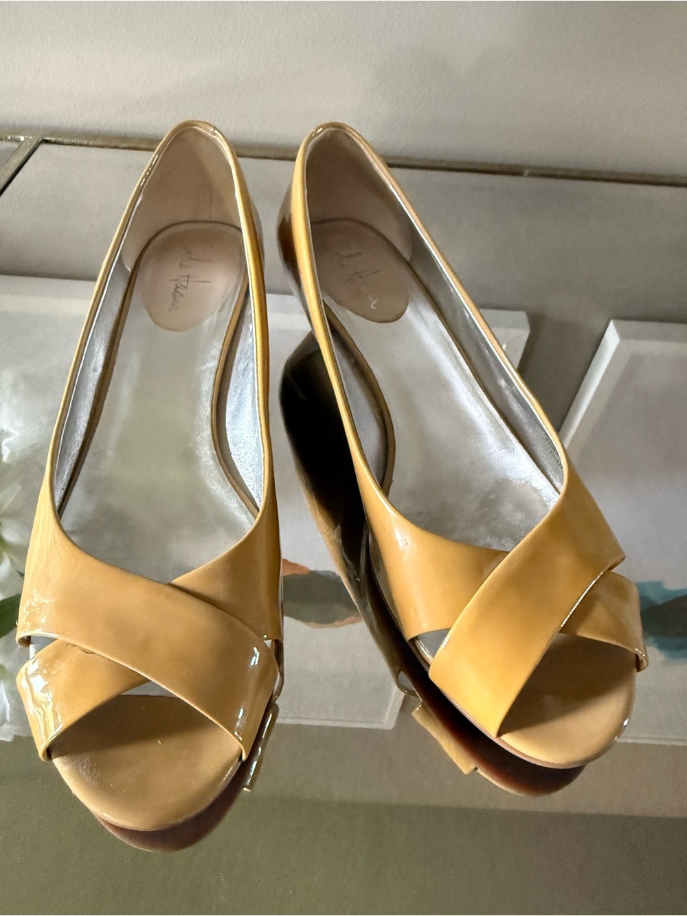 Cole Haan Nude Tan Patent Leather Peep Toe Wedge Pumps